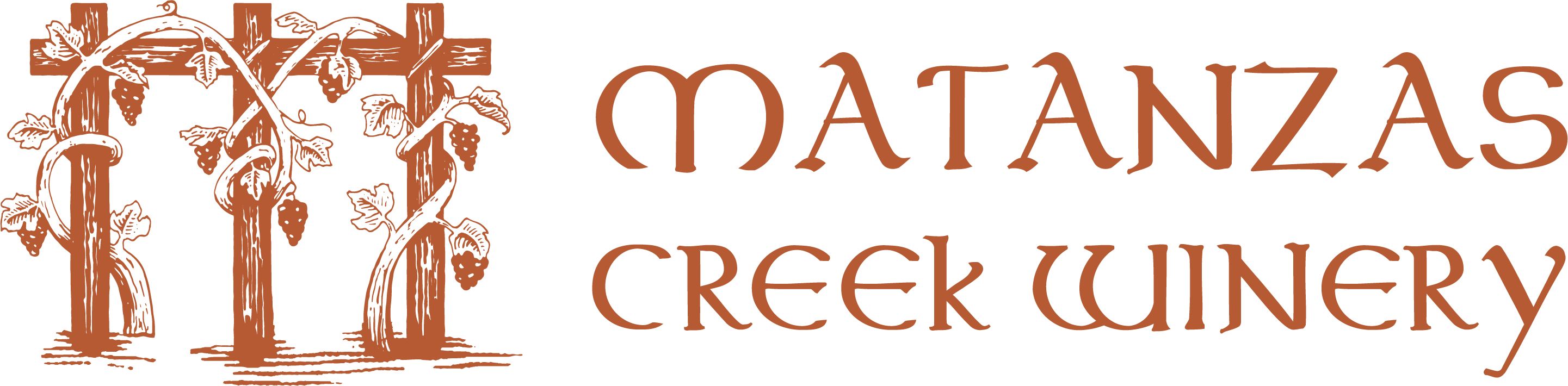 Matanzas creek winery logo, orange three crosses with grape vines around them